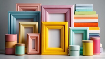 Pastel Pop Art Desk Mockup with Blank Vertical Frame and Tropical Shadow