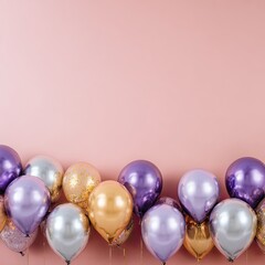 Pastel balloons in gold, rose gold, purple, and silver, against a soft pink background