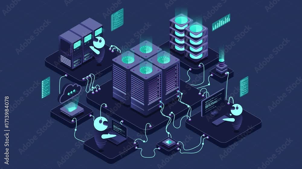 Poster isometric data center or server room animation. data center connection network. cloud storage. isome