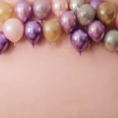 Metallic balloons in pastel shades,  a celebration of delicate colors,  arranged in a horizontal line on a soft pink backdrop