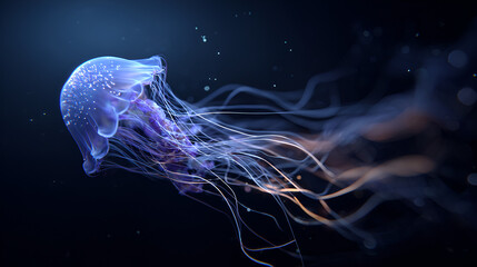 A jellyfish with long tentacles floating in dark blue water with small particles around it