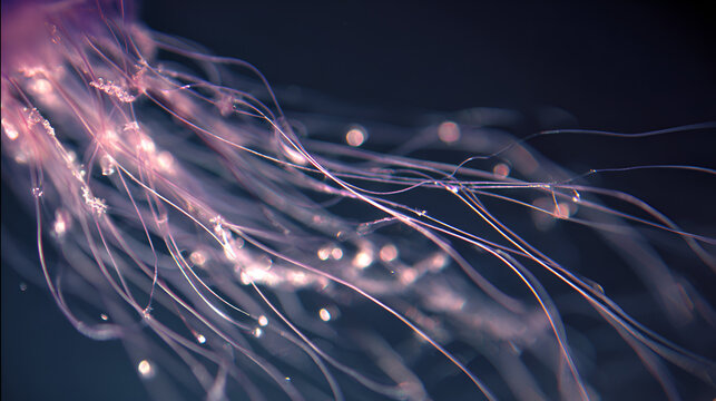 A close up of a jellyfish with long tentacles floating in dark water creating a dreamy ethereal look