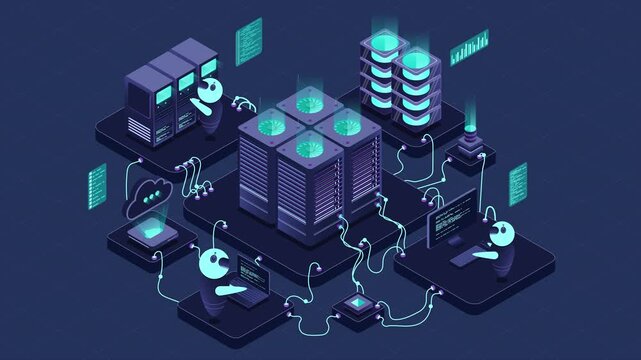 Isometric data center or server room animation. Data center connection network. Cloud storage. Isometric high technology concept. 4K video animated in isometric style