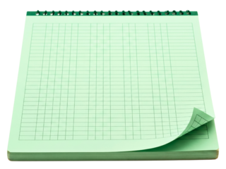 Open spiral-bound bookkeeping ledger with gridded green paper on a transparent background