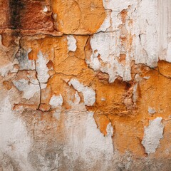 Aged, weathered wall with peeling orange paint.  Cracks and layers of crumbling plaster