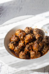 Close-Up of Spanish Albondigas Meatballs in Tomato Sauce 