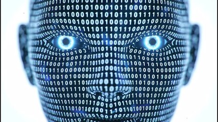 Intelligent AI robot face formed from glowing binary code with bright digital eyes, representing future technology and artificial intelligence - Powered by Adobe