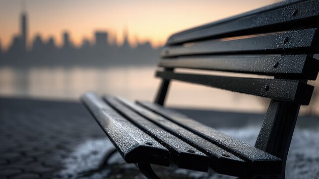 Dew Drops On Park Bench At Sunrise Cityscape