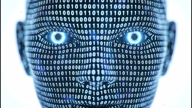 Intelligent AI robot face formed from glowing binary code with bright digital eyes, representing future technology and artificial intelligence - Powered by Adobe