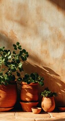 Terracotta pots with plants against a sun-drenched wall