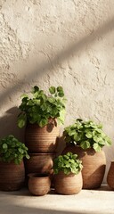 Terracotta pots with greenery against a textured wall. Sunlight casts gentle shadows
