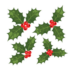 Fototapeta premium A festive arrangement of four vibrant green holly sprigs with bright red berries.