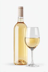 A light golden-yellow wine bottle and glass, against a plain white background. The bottle is slender, with a light-beige cap. The glass is filled with a similar shade of wine