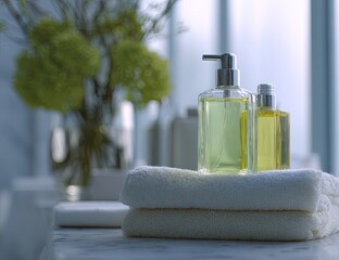 Luxury toiletries on marble countertop.  Soft, light-colored bottles sit atop folded towels.  Blurred background of plants and a bright, airy space