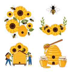 Beautiful artwork featuring sunflowers bees and honeybees.