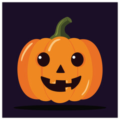 Cartoon illustration of a smiling Jack-o'-lantern pumpkin with big eyes on a dark purple background.