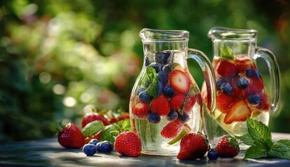 Refreshing summer beverage. Two clear glass pitchers filled with sliced strawberries, 