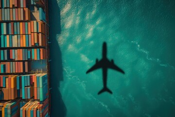 Airplane shadow over container ship at sea, concept of global trade and logistics