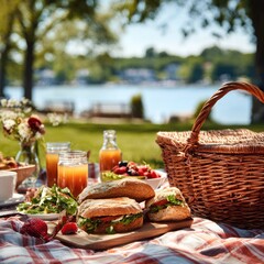 Lakeside picnic spread on a checkered cloth.  Fresh sandwiches, fruit, and beverages.  Sunny day with a view of a lake