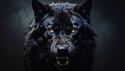 A close-up portrait of a menacing black wolf, its golden eyes blazing with intensity against a dark background.