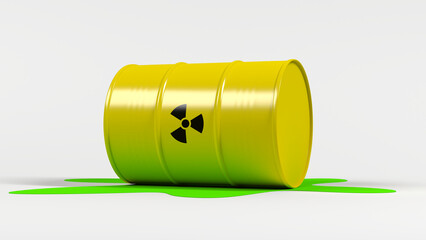 Yellow leaking barrel with radioactive symbol. Isolated. Green stain. 3d illustration.