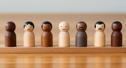 Wooden peg dolls of various skin tones arranged on a wooden surface, representing diversity.