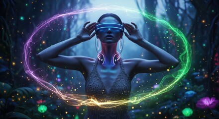 Futuristic virtual reality experience featuring a woman immersed in neon-lit digital environment