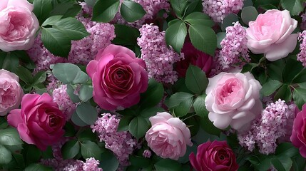 Floral Arrangement Featuring Roses Lilacs and Green Leaves on Dark Background