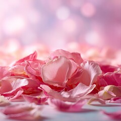 Delicate pink rose petals softly piled, bokeh background