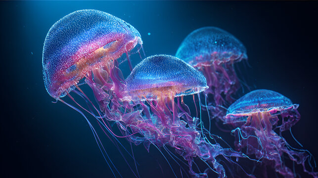 A group of jellyfish swimming in the dark ocean with bioluminescent colors and long flowing tentacles - Powered by Adobe