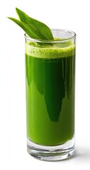 Green juice in a glass, topped with fresh leaves