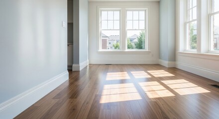 Obraz premium Empty room interior with concrete walls, wooden floor with light and soft skylight from window