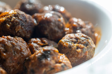 Close-Up of Spanish Albondigas Meatballs in Tomato Sauce on Spaghetti