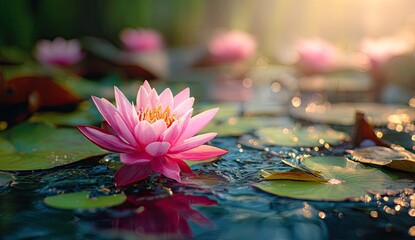 Pink lotus flower on water, sunlight