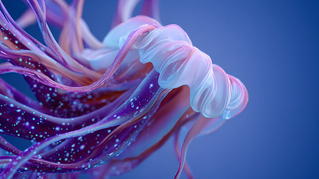 A vibrant abstract rendering of a jellyfish like form with flowing tentacles and soft blue background