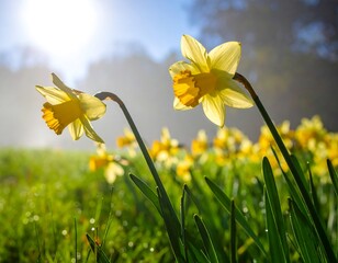 Daffodils in a meadow bathed in morning sun