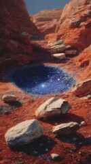 赤土の崖に囲まれた星空が映る水たまり