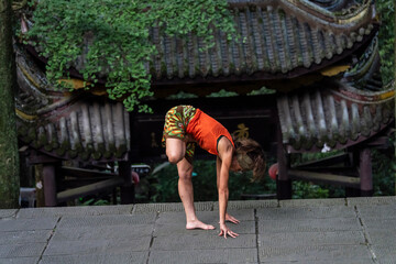 practicing yoga-tai chi fusion at Fuju Temple, Emeishan, Leshan Prefecture, Sichuan, People's Republic of China, Asia