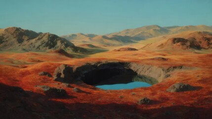 荒涼とした赤い風景の中の深い洞窟と水