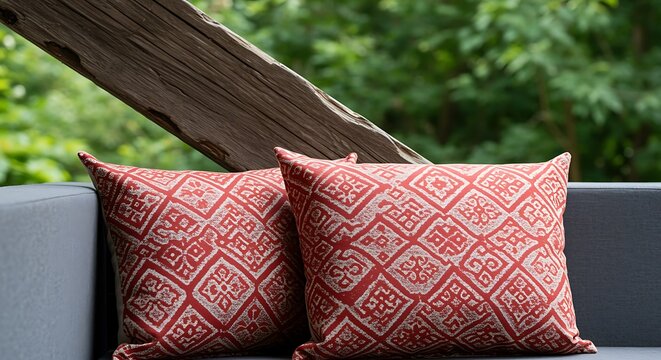 Two red patterned throw pillows on a dark grey sofa outdoors cushion geometric
