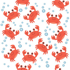 Cartoon Red Crab Pattern, Cute Smiling Sea Animal Seamless Vector Illustration, Perfect print for textile, wallpaper gift card, bags, mugs white background