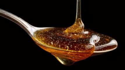 金色蜂蜜滴る銀色スプーン黒背景