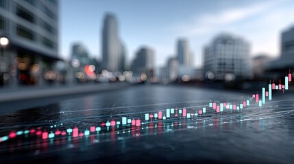 Financial Graph Hologram Overlay on Wet Street with Cityscape Background in Teal Red and White Bokeh Lights