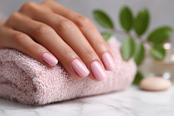 Naklejka premium Close-up of a woman's hand with freshly manicured nails, painted in a soft pink color, resting on a fluffy towel with decorative elements in the background.
