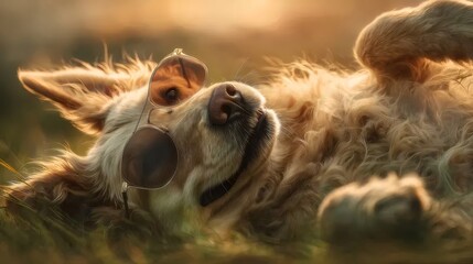 金色毛皮の犬が草の上に横たわっているが, 欠陥がある