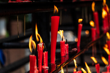 lit votive candles, Wannian temple ('Temple of the ten thousand years'), Emeishan, Leshan...