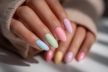 Close-up of a woman's hands displaying a colorful pastel manicure with gel polish and a sweater, showcasing a smooth and trendy nail design, perfect for springtime fashion.