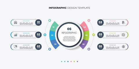 infographic label design with circle infographic template design and 6 options or steps. Can be used for process diagram, presentations, workflow layout, banner, flow chart, info graph.