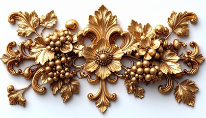 3D render of an elegant golden baroque flourish with grapevine and floral ornament, luxury decorative vintage design isolated on white background