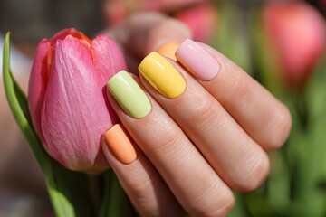 Spring manicure with pastel shades next to beautiful pink tulip, nail design with soft and delicate colors evoking a sense of freshness and femininity.